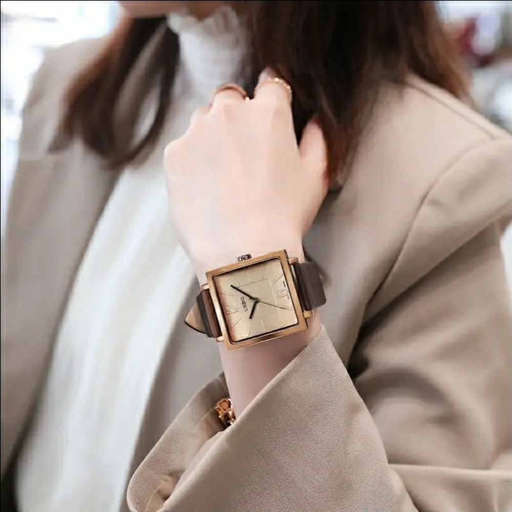 NEW! Golden Coffee Square Quartz Watch with Brown Leather Strap - Picture 10 of 12